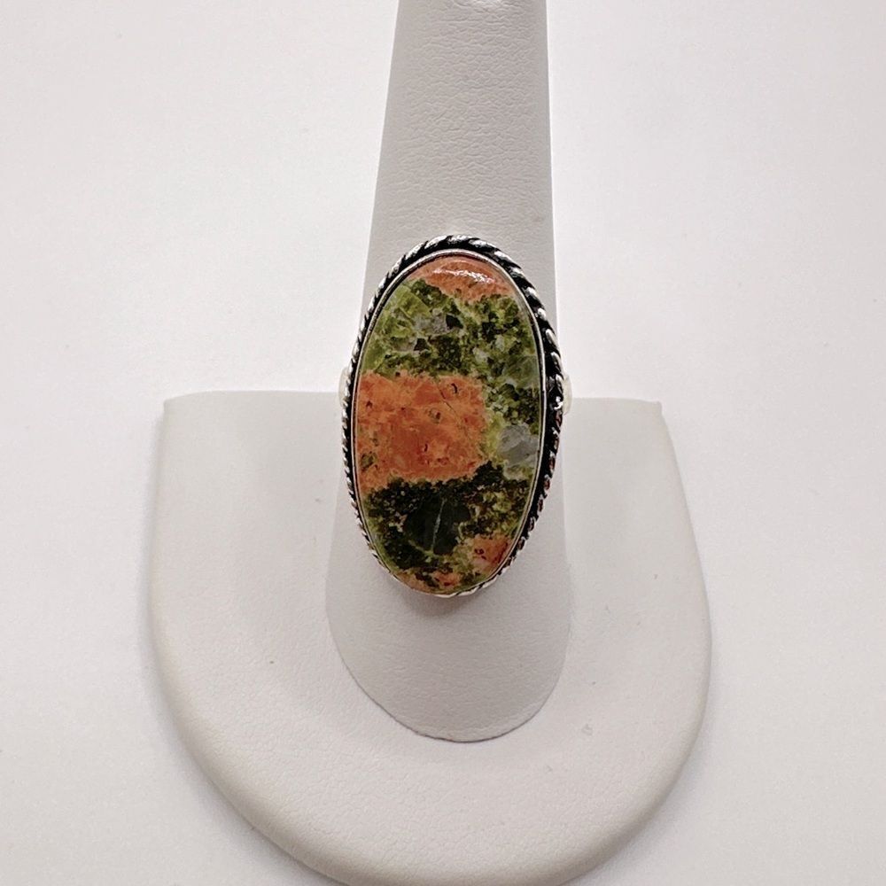 Genuine unakite jasper cabochon ring in plated Sterling silver!